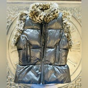 Vintage BeBe Women's Faux Fur Trim Puffer Vest - Dark Black/Brown